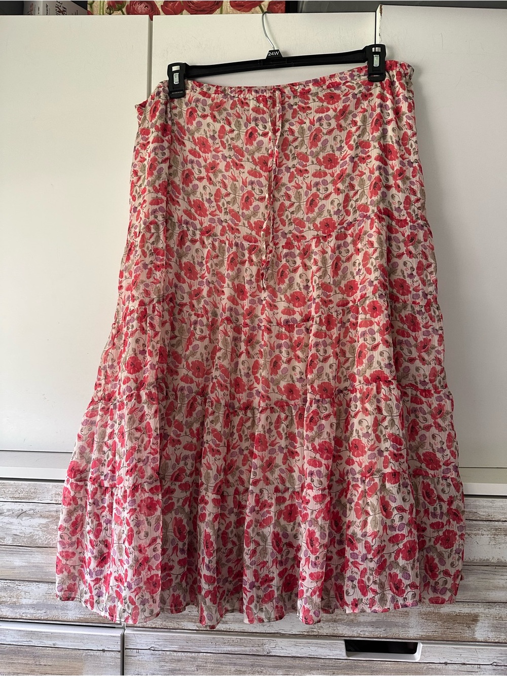 🌸 Isle Floral Tiered Midi Skirt UK 18 Pink Boho Lined Pull-On